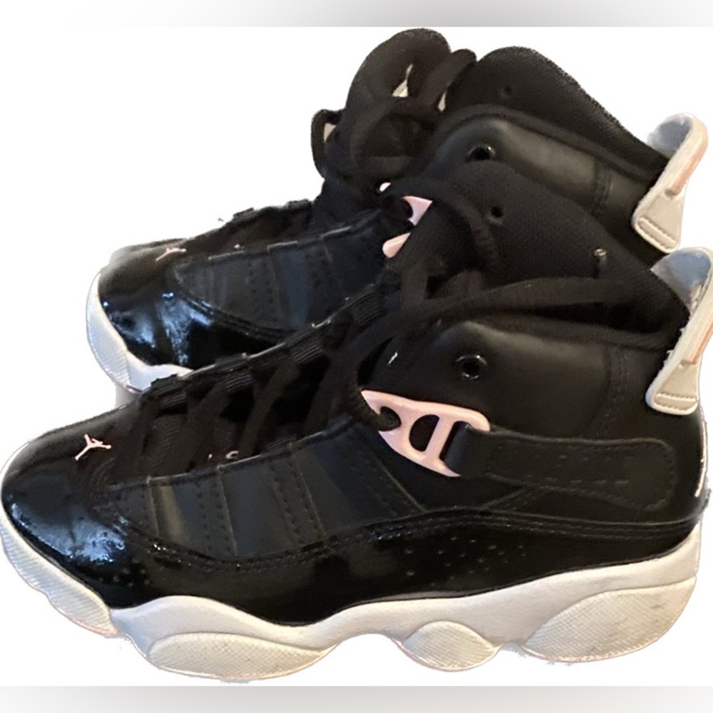 Girls toddlers pink and black Jordans 6 Rings